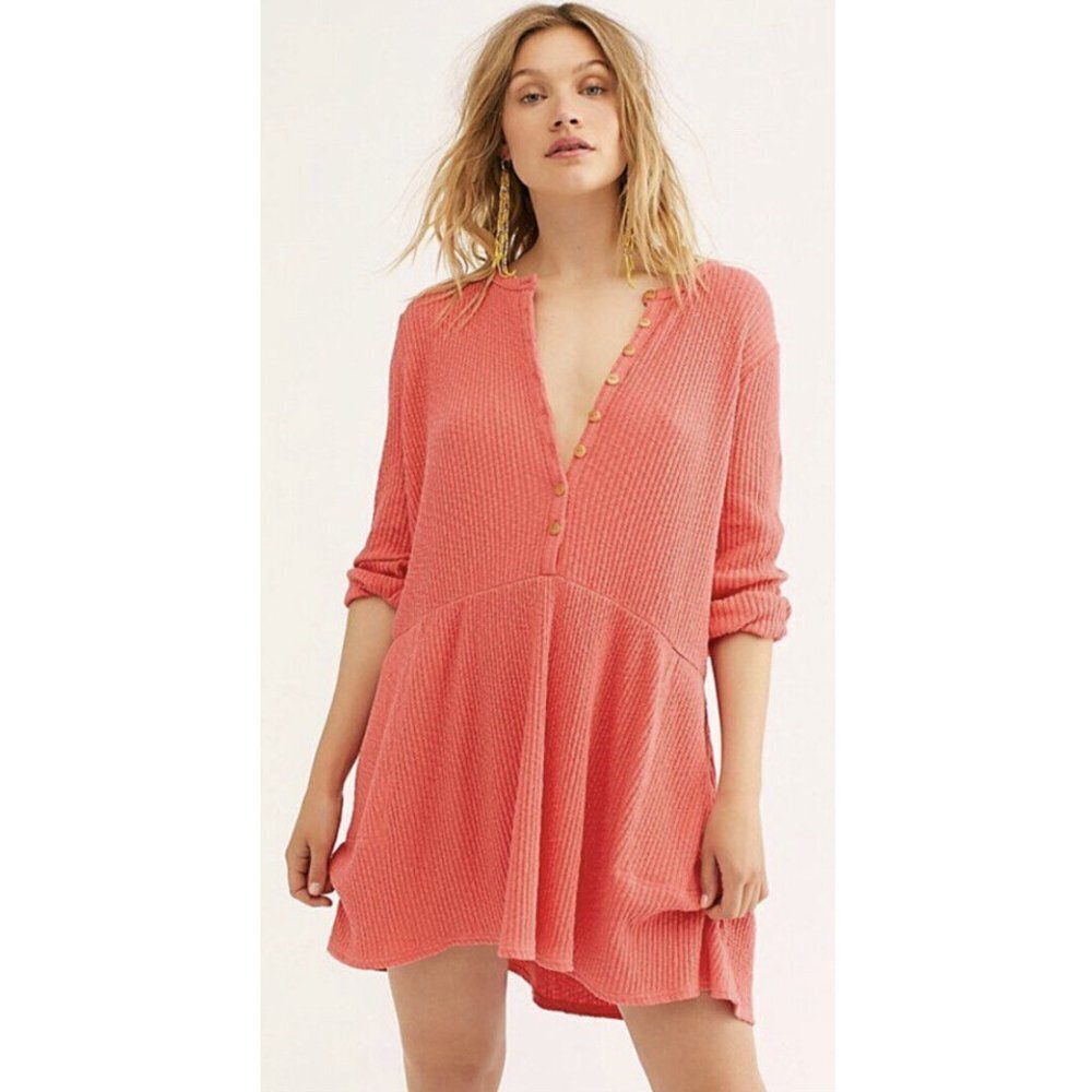 Free People FP Beach Coral Pink Blossom Ribbed Henley Dress Waffle Knit Relaxed